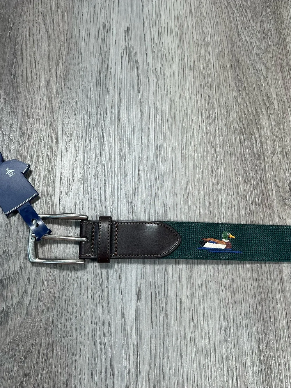 New Penguin Men's Needlepoint Brown Leather Belt Green Ducks Size 34 Golf Preppy